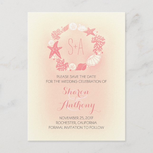 Cute coral beach wedding save the date announcement postcard (Front)