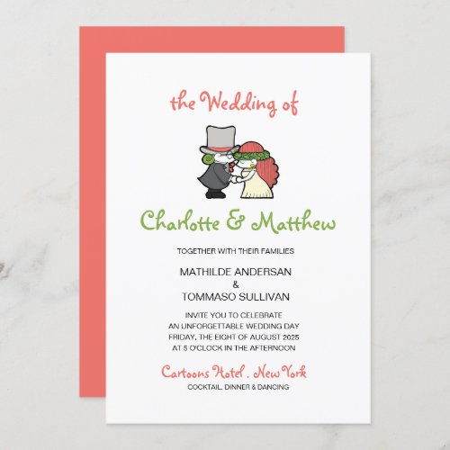 Cute Coral Cartoon Characters Whimsical Wedding Invitation