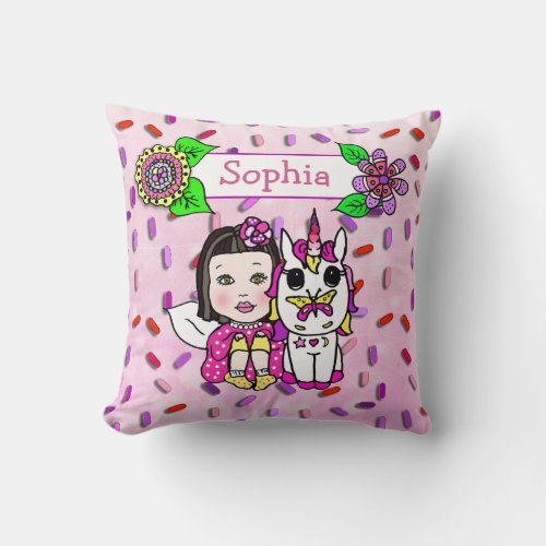 Cute Coral Fairy and Flowers Candy Sprinkles Throw Pillow