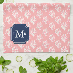Cute Coral Pattern and Blue Monogram Kitchen Towel