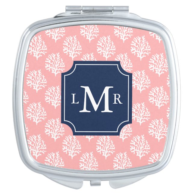Cute Coral Pattern and Blue Monogram Makeup Mirror (Front)