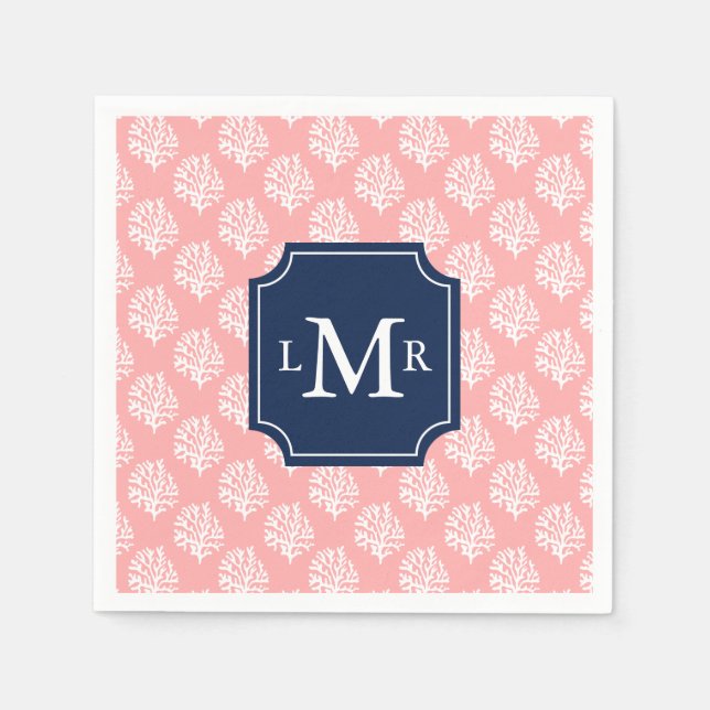 Cute Coral Pattern and Blue Monogram Napkins (Front)