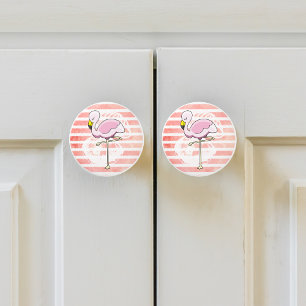 Cute Coral Peach Striped Flamingo Ceramic Knob