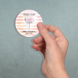 Cute Coral Peach Striped Flamingo Thank You Classic Round Sticker