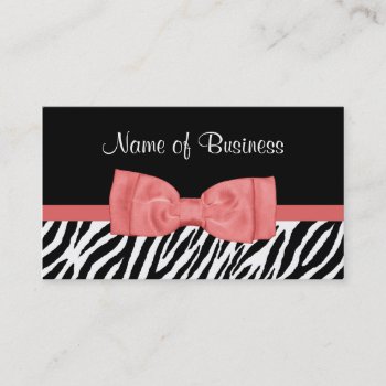 Cute Coral Pink And Black Zebra Print Pretty Bow Business Card by GirlyBusinessCards at Zazzle