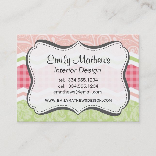 Cute Coral Pink and Light Green Patterns Business Card (Front)