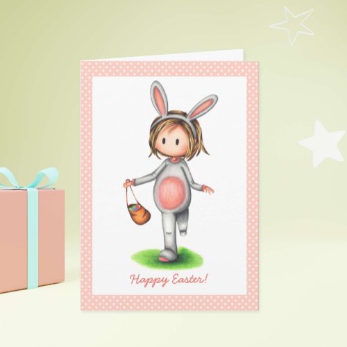 Cute Coral Pink Girl in Bunny Suit Easter Card