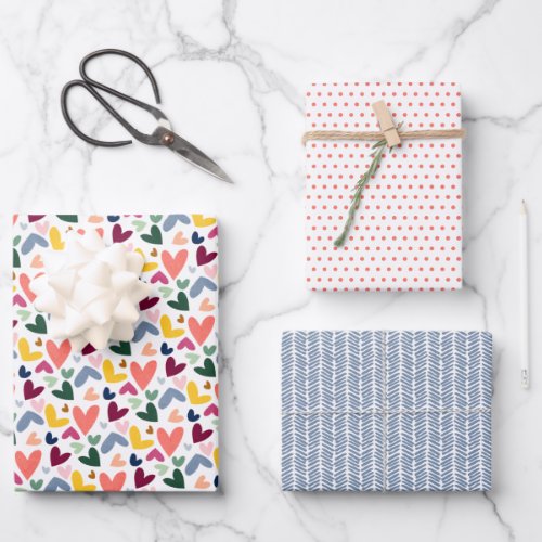 Cute Coral Red Blush Pink Blue Heart Art Pattern Wrapping Paper Sheets