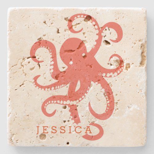 Cute Coral_Red Octopus Illustration Stone Coaster