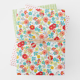 Cute Coral Red Pink Aqua Blue Floral Art Pattern Wrapping Paper Sheets