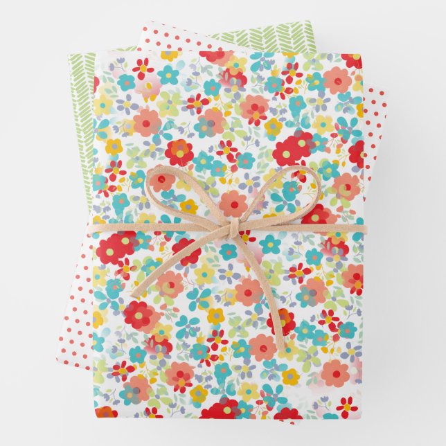 Cute Coral Red Pink Aqua Blue Floral Art Pattern Wrapping Paper Sheets (In situ)