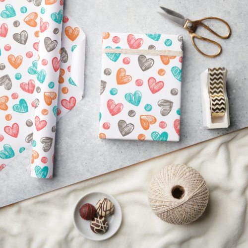 Cute Coral Red Pink Aqua Blue Heart Art Pattern Wrapping Paper