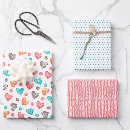 Cute Coral Red Pink Aqua Blue Heart Art Pattern Wrapping Paper Sheets