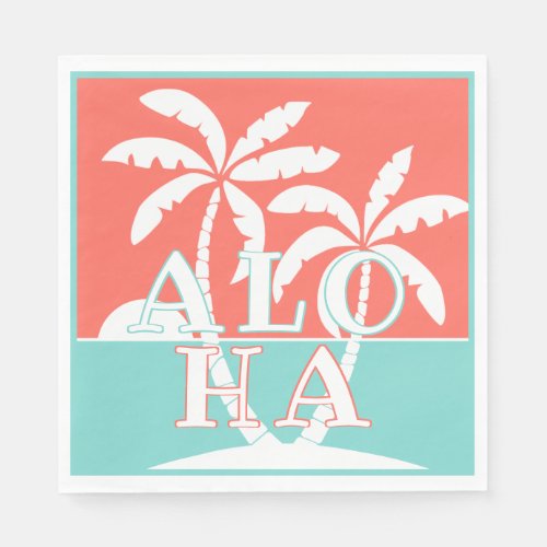 Cute Coral Sunset Palm Trees On Beach Art Motif Napkins