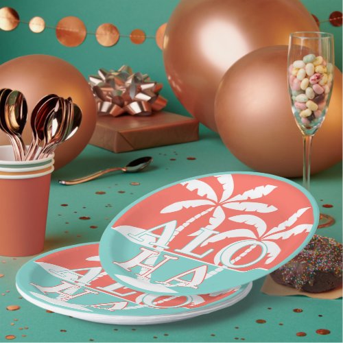 Cute Coral Sunset Palm Trees On Beach Art Motif Paper Plates