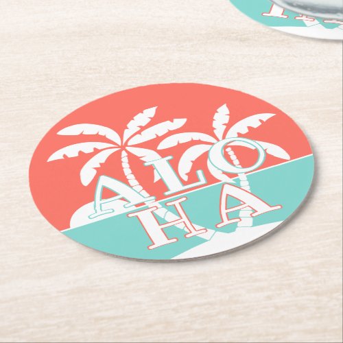 Cute Coral Sunset Palm Trees On Beach Art Motif Round Paper Coaster