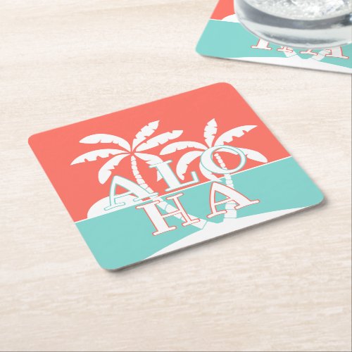 Cute Coral Sunset Palm Trees On Beach Art Motif Square Paper Coaster