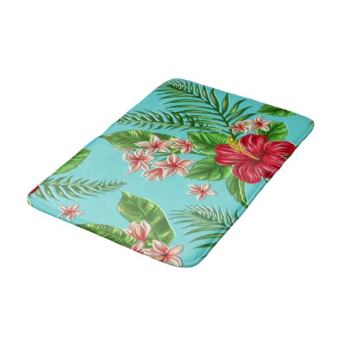 Cute Coral Tropical Hibiscus Flower On Turquoise Bathroom Mat