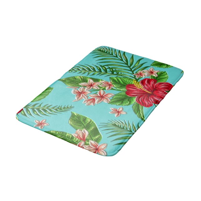 Cute Coral Tropical Hibiscus Flower On Turquoise Bathroom Mat (Angled)