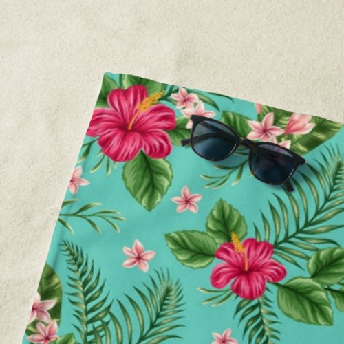 Cute Coral Tropical Hibiscus Flower On Turquoise Beach Towel