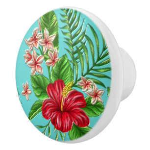 Cute Coral Tropical Hibiscus Flower On Turquoise Ceramic Knob