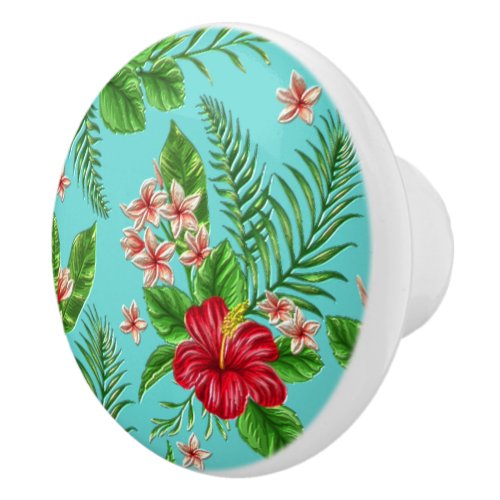 Cute Coral Tropical Hibiscus Flower On Turquoise Ceramic Knob