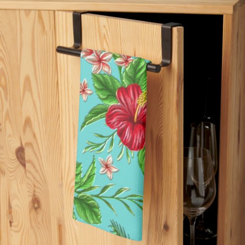 Cute Coral Tropical Hibiscus Flower On Turquoise Kitchen Towel