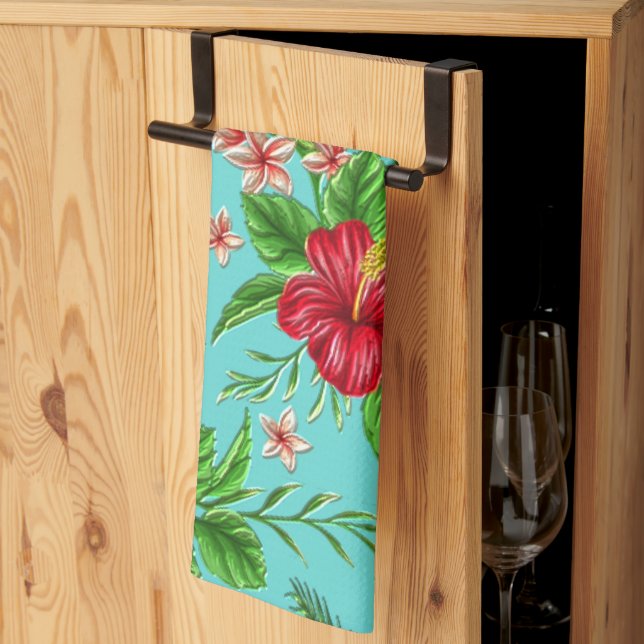 Cute Coral Tropical Hibiscus Flower On Turquoise Kitchen Towel (Thirds Fold)