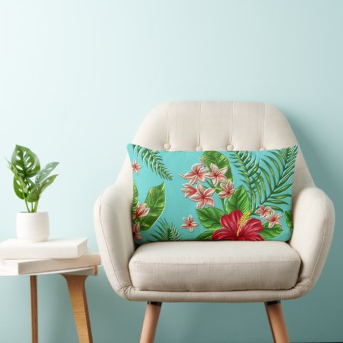 Cute Coral Tropical Hibiscus Flower On Turquoise Lumbar Pillow