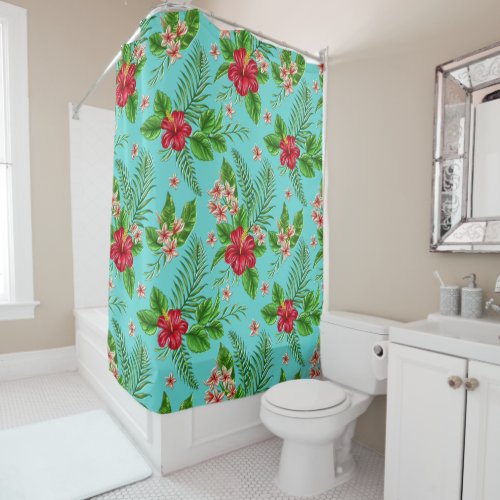 Cute Coral Tropical Hibiscus Flower On Turquoise Shower Curtain