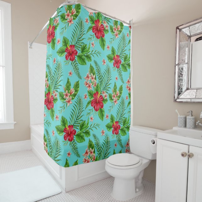 Cute Coral Tropical Hibiscus Flower On Turquoise Shower Curtain (In Situ)