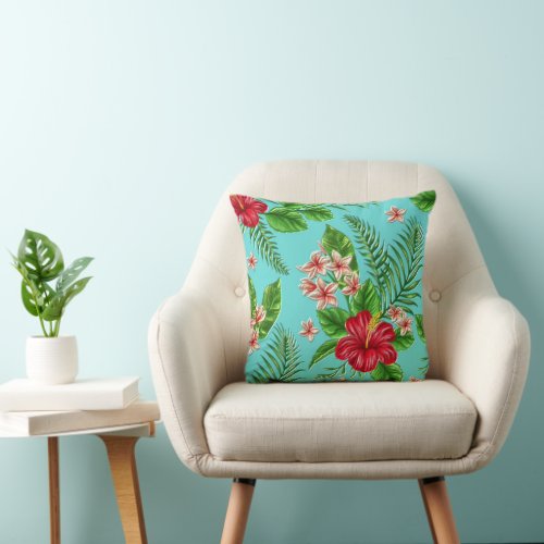 Cute Coral Tropical Hibiscus Flower On Turquoise Throw Pillow