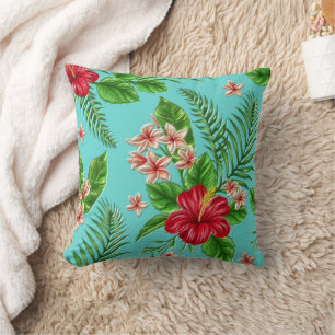 Cute Coral Tropical Hibiscus Flower On Turquoise Throw Pillow