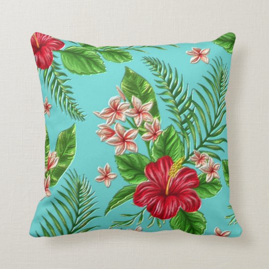 Cute Coral Tropical Hibiscus Flower On Turquoise Throw Pillow