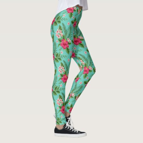 Cute Coral Tropical Summer Flower On Turquoise Leggings