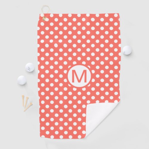 Cute Coral with White Polka Dots Monogram Golf Towel