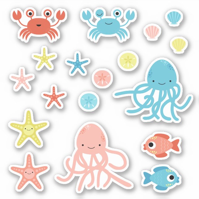 Cute Coral Yellow Blue Ocean Animals Sticker (Front)