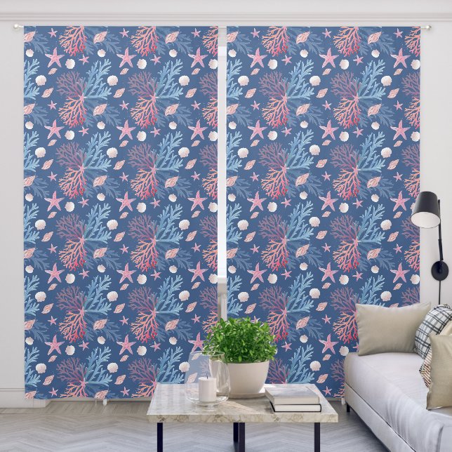 Cute Corals Seashells Oysters In Ocean Dusky Blue Blackout Curtains (Living Room)