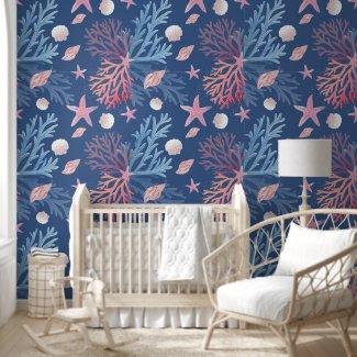 Cute Corals Seashells Oysters In Ocean Dusky Blue