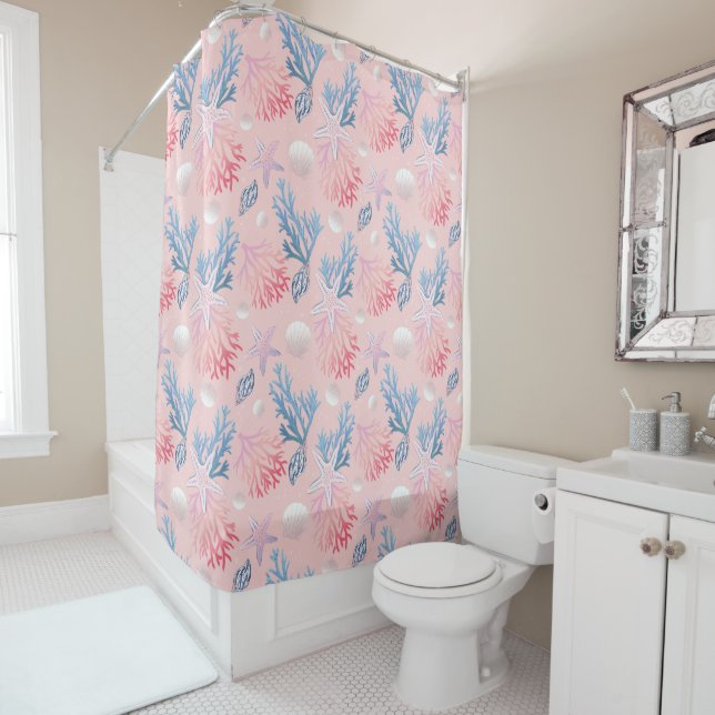 Cute Corals Seashells Oysters In Ocean Pastel Pink Shower Curtain (In Situ)