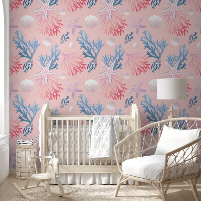 Cute Corals Seashells Oysters In Ocean Pastel Pink Wallpaper (Kids)