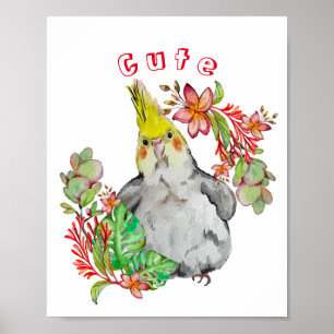 Cute Corella parrot in tropical flowers Baby Bodys Poster