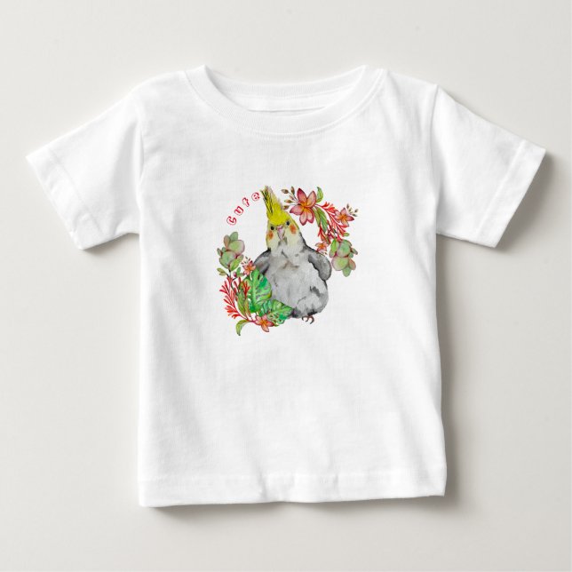 Cute Corella parrot in tropical flowers Baby Bodys T-Shirt (Front)