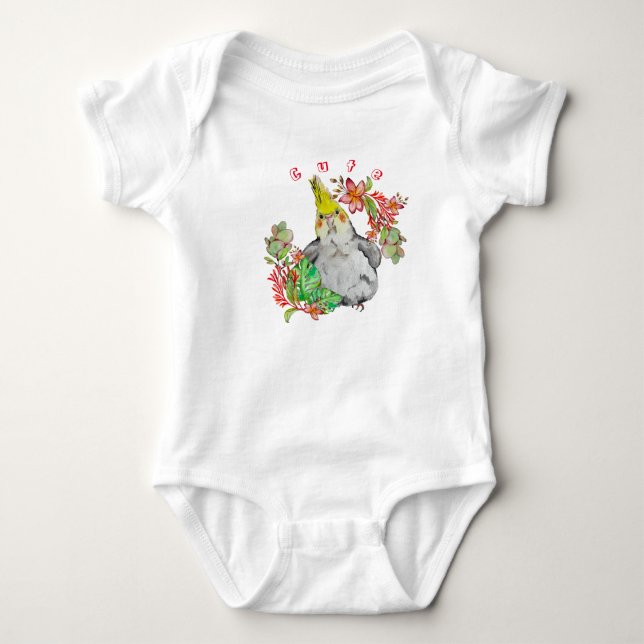 Cute Corella parrot in tropical flowers Baby Bodysuit (Front)