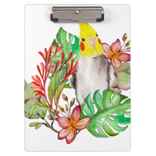 Cute Corella parrot in tropical plants and flowers Clipboard