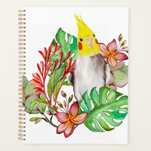 Cute Corella parrot in tropical plants and flowers Planner