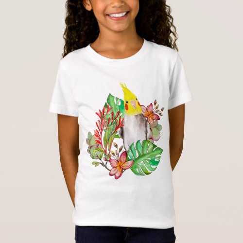 Cute Corella parrot in tropical plants and flowers T_Shirt