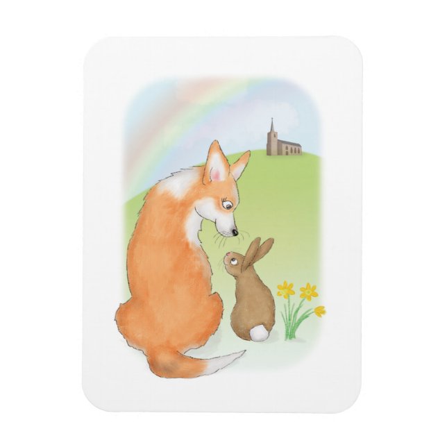 Cute corgi and rabbit Easter magnet (Vertical)