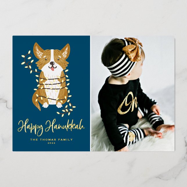 Cute Corgi and String Lights Photo Happy Hanukkah  Foil Holiday Card (Front)