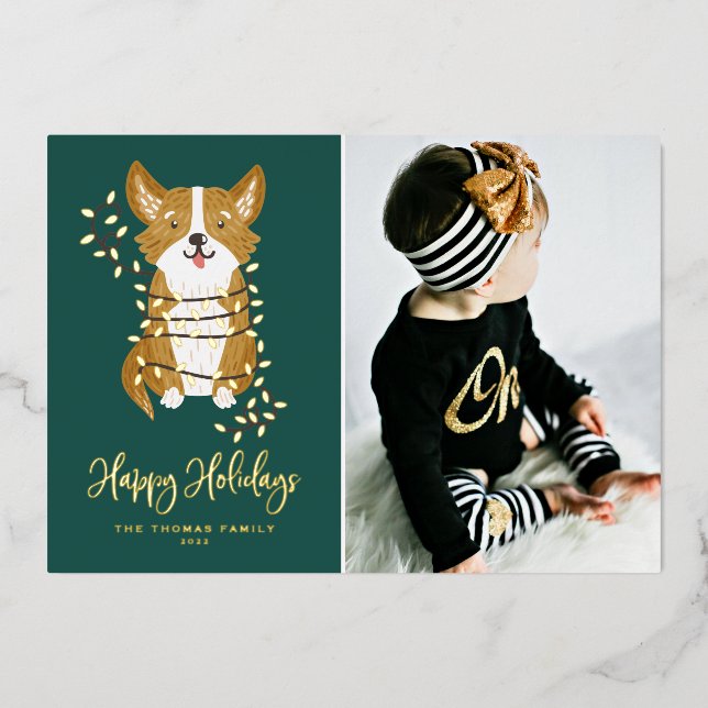 Cute Corgi and String Lights Photo Happy Holidays Foil Holiday Card (Front)